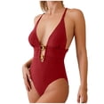 thumbnail image 1 of UTSJKR Trendy One Piece Swimsuit Women Plunge V Neck Cheeky Swimwear Backless Criss Cross Swimsuit Tummy Control Bathing Suit Red M, 1 of 5