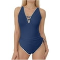thumbnail image 1 of UTSJKR Trendy V Neck Backless One-Piece Swimsuit for Women Trendy Adjustable Straps Bow Knot Shell Edge Beach Look Blue M, 1 of 4