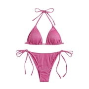 UTSJKR Triangle Bikini for Women 2 Piece Halter Bikini Sets Sexy High Cut Bathing Suit Side Tie Swimsuits Pink 4-8