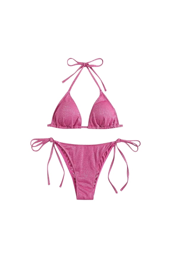 Triangle Bikini for Women 2 Piece Halter Bikini Sets Sexy High Cut Bathing Suit Side Tie Swimsuits Pink 8-12