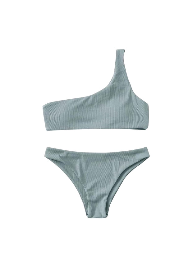 Tummy Control Bath Suit One Shoulder Ribbed Bikini with Bottom,2025 Swimsuits Women,High Rise Bathing Suits for Women Gray S