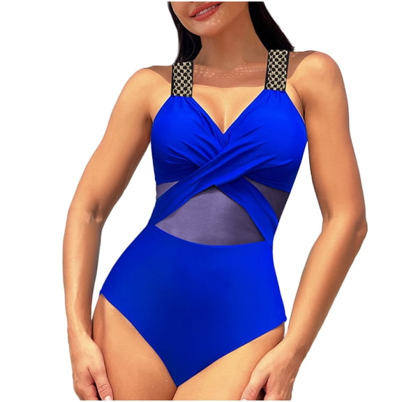 UTSJKR Tummy Control Swimsuits for Women Sleeveless Halter/Spaghetti Straps One Piece Swimsuit Bathing Suit Padded Swimwear Blue XL
