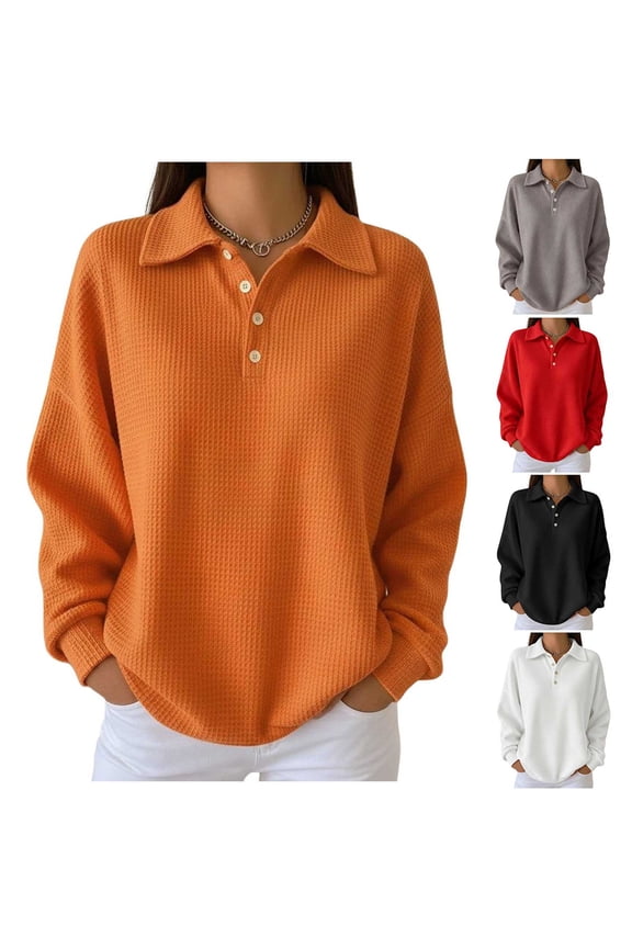 Tunic Tops for Women Loose Fit Dressy Waffle Knit Long Sleeve Shirts Trendy Fall Button Up Crewneck Sweater Casual Pullover Gray XXXL