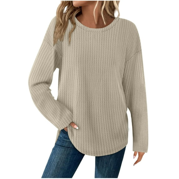 UTSJKR Tunic Tops for Women Loose Fit Dressy Waffle Knit Long Sleeve Shirts Trendy Spring Crewneck Sweaters Curved Hem Beige XXL