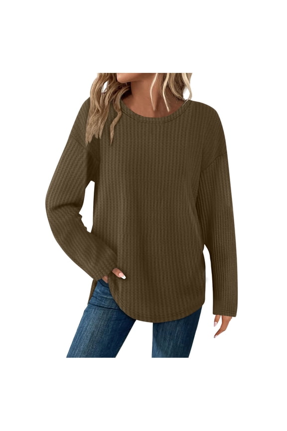 Tunic Tops for Women Loose Fit Dressy Waffle Knit Long Sleeve Shirts Trendy Spring Crewneck Sweaters Curved Hem Coffee XXL