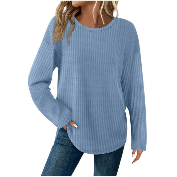 UTSJKR Tunic Tops for Women Loose Fit Dressy Waffle Knit Long Sleeve Shirts Trendy Spring Crewneck Sweaters Curved Hem Light Blue XXL