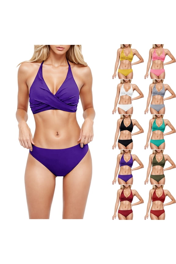 Two Piece Bikini Sets for Women Halter Wrap Criss Cross Bathing Suit Summer Fashion High Waisted Bikini Swimsuit Army Green M