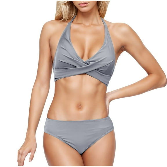 UTSJKR Two Piece Bikini Sets for Women Halter Wrap Criss Cross Bathing Suit Summer Fashion High Waisted Bikini Swimsuit Gray S