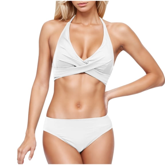 UTSJKR Two Piece Bikini Sets for Women Halter Wrap Criss Cross Bathing Suit Summer Fashion High Waisted Bikini Swimsuit White XL
