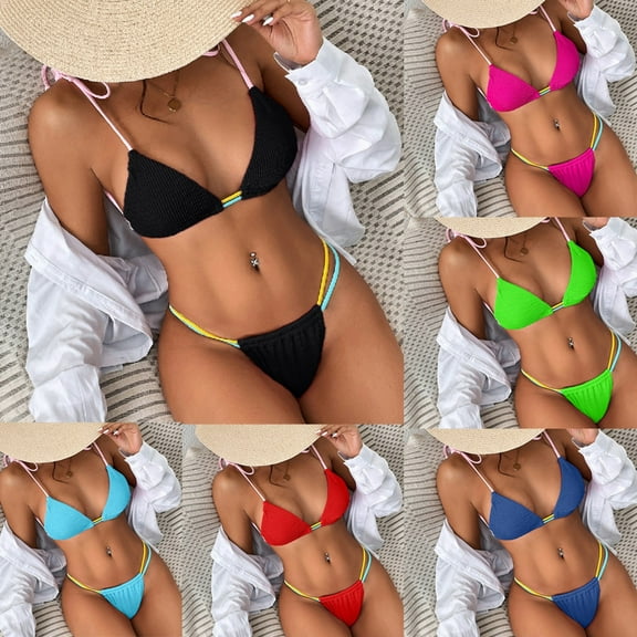 UTSJKR Two Piece Bikini Sets for Women Sexy Spaghetti Strap Bikini Top Women Swimsuits Tummy Control Swimsuit with Built in Bra Blue L