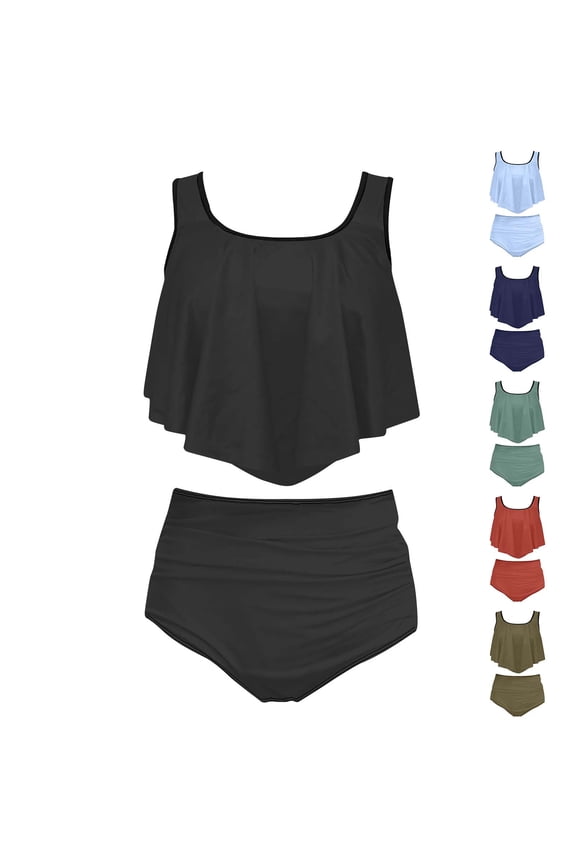 Two Piece Bikini Swimsuit for Women Ruffled Flounce Top with High Waisted Ruched Bathing Suit Tummy Control Bottom Army Green XXL