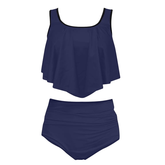 UTSJKR Two Piece Bikini Swimsuit for Women Ruffled Flounce Top with High Waisted Ruched Bathing Suit Tummy Control Bottom Dark Blue XXL