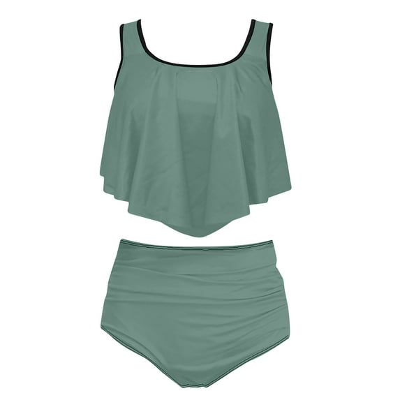 UTSJKR Two Piece Bikini Swimsuit for Women Ruffled Flounce Top with High Waisted Ruched Bathing Suit Tummy Control Bottom Green XL