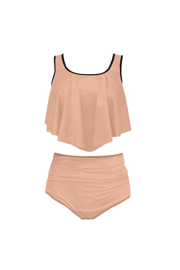 Two Piece Bikini Swimsuit for Women Ruffled Flounce Top with High Waisted Ruched Bathing Suit Tummy Control Bottom Khaki S