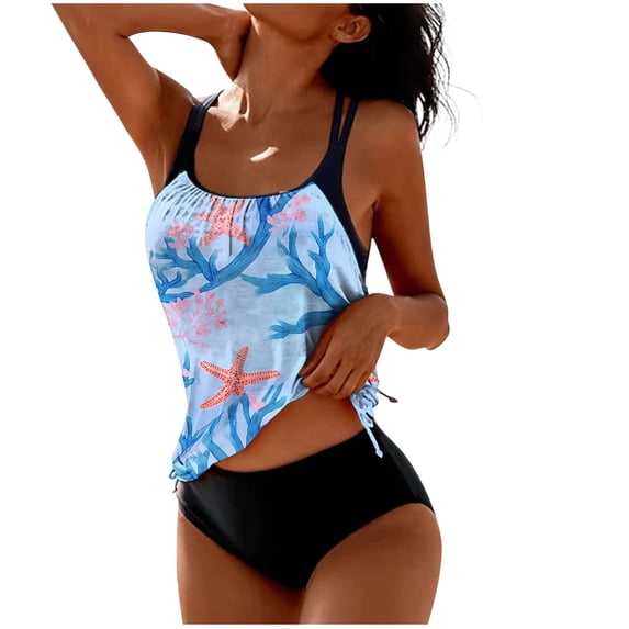 UTSJKR Two Piece Blouson Tankini Swimsuits for Women Summer Fashion Printed Modest Bathing Suits Loose Fit Swimwear Black L