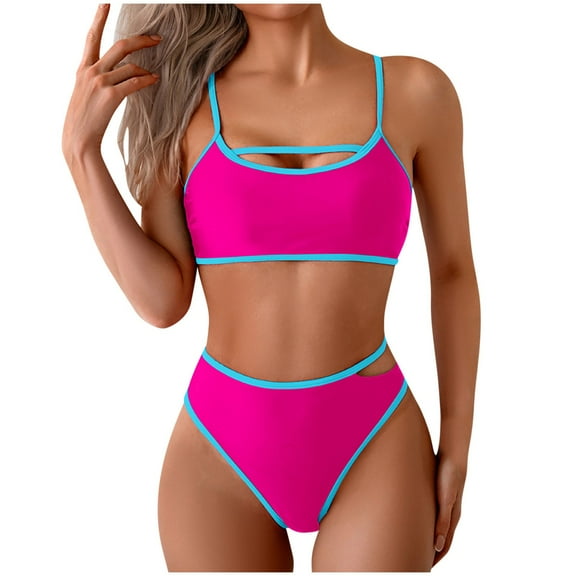 UTSJKR Two Piece Swimsuit for Women High Waist Bathing Suit Bottom Full Coverage Swimsuit 2 Piece High Cut Swim Suits Hot Pink S