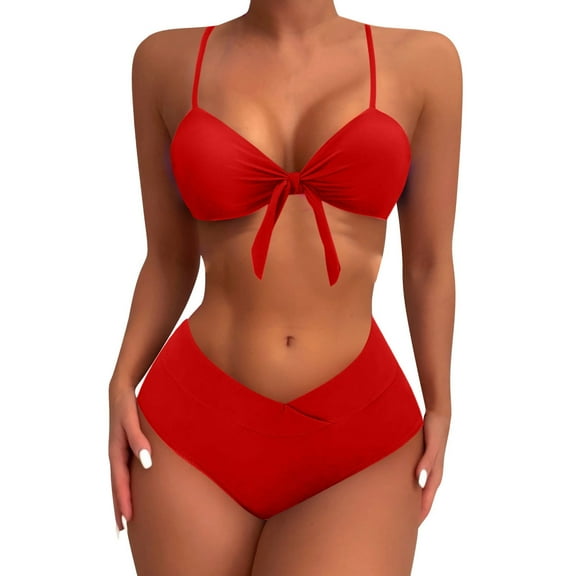 UTSJKR Two Piece Swimsuits - High Waisted Bikini Tummy Control Full Coverage Bathing Suits Ruched Tie Knot Swimwear Red L