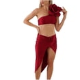thumbnail image 1 of UTSJKR Two Piece Swimsuits Womens 3D Flower One Shoulder Cutout Bikini Bathing Suits with Cover Up Skirt Wine S, 1 of 6
