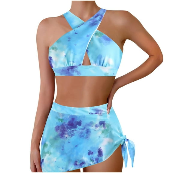 UTSJKR Two Piece Swimsuits for Women Halter Bikini Sets Skirted Bottom Cheeky Plus Size High Waisted Bathing Suits Blue S