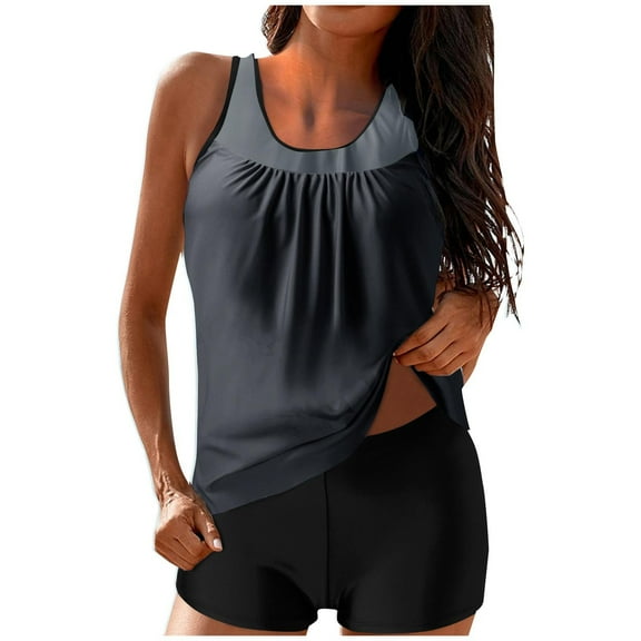 UTSJKR Two Piece Tankini Bathing Suits T-Back Blouson Swim Tops with Boy Shorts Women Swimsuits Sporty Swimwear Gray M