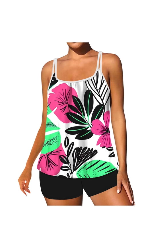 Two Piece Tankini Swimsuit for Women Tummy Control Bathing Suit with Boy Shorts Floral Print Blouson Swimwear Hot Pink M