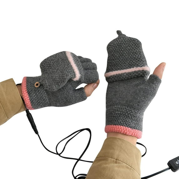 UTSJKR USB Heated Gloves, 1Pair Half Finger Winter Mittens Knitting Hand Warmer Gloves Fingerless for Typing Laptop Phone Gray