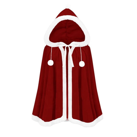 UTSJKR Unisex (100cm) Mid‑Length Hooded Christmas Cape Cloak with Faux Fur Trim and Pom Pom Decor for Xmas Holiday Cosplay Festival Themed Party Fancy Dress Outfit Wine L