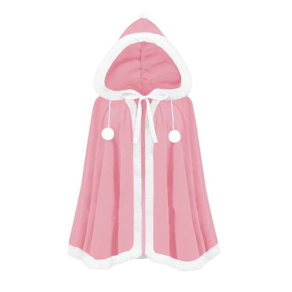 UTSJKR Unisex (100cm) Mid‑Length Hooded Christmas Cape Cloak with Faux Fur Trim and Pom Pom Decor for Xmas Holiday Cosplay Festival Themed Party Fancy Dress Outfit Pink L