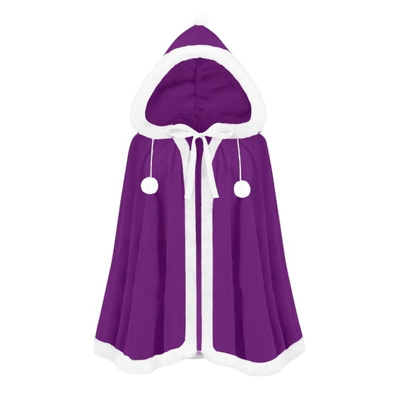 UTSJKR Unisex (100cm) Mid‑Length Hooded Christmas Cape Cloak with Faux Fur Trim and Pom Pom Decor for Xmas Holiday Cosplay Festival Themed Party Fancy Dress Outfit Purple L