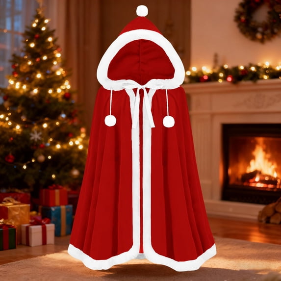 UTSJKR Unisex (120cm) Full‑Length Hooded Christmas Cape Cloak with Faux Fur Trim and Pom Pom Decor for Xmas Holiday Party Cosplay Festival Fancy Dress Costume Red XL
