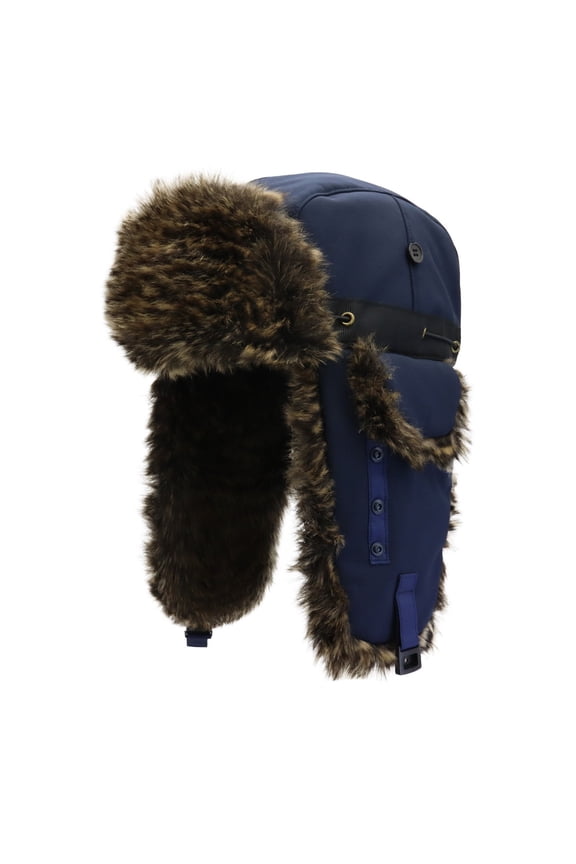 Unisex Adjustable Faux Fur Trim Trapper Hat, Winter Super Warm Earflap Ski Cap, Wind Insulated Cold Proof Headwear for Men Women Outdoor Use Dark Blue