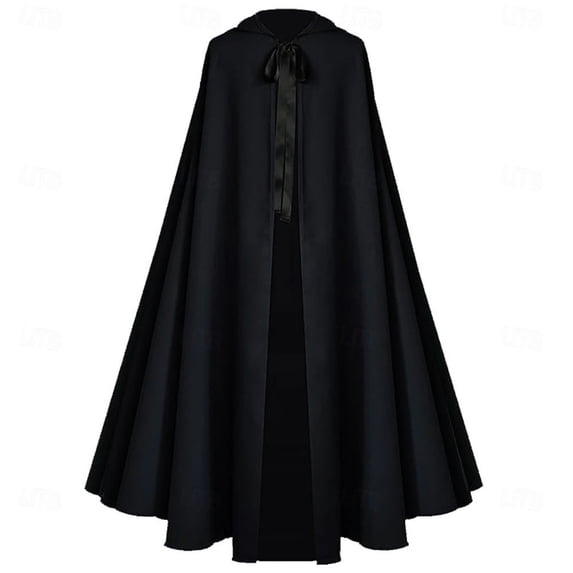 UTSJKR Unisex Adults Medieval Hooded Long Cape Cloak, Ribbon Tie Front Robe for Halloween Cosplay, Renaissance Fair, Role‑Play and Themed Costume Occasions Black M