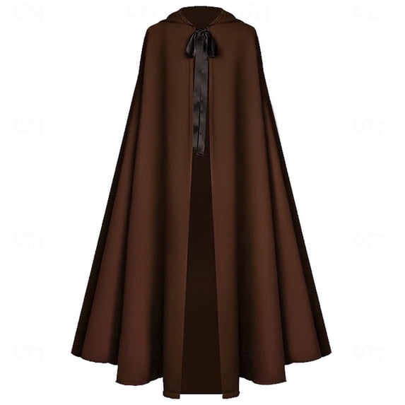 UTSJKR Unisex Adults Medieval Hooded Long Cape Cloak, Ribbon Tie Front Robe for Halloween Cosplay, Renaissance Fair, Role‑Play and Themed Costume Occasions Brown M