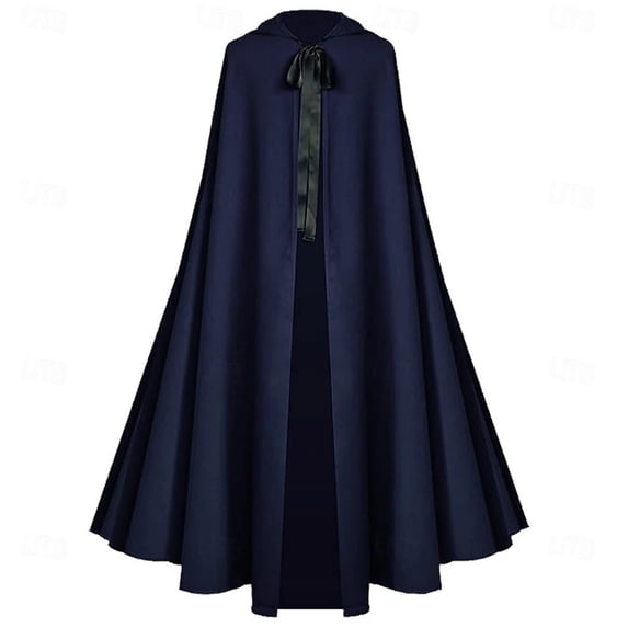 UTSJKR Unisex Adults Medieval Hooded Long Cape Cloak, Ribbon Tie Front Robe for Halloween Cosplay, Renaissance Fair, Role‑Play and Themed Costume Occasions Navy M