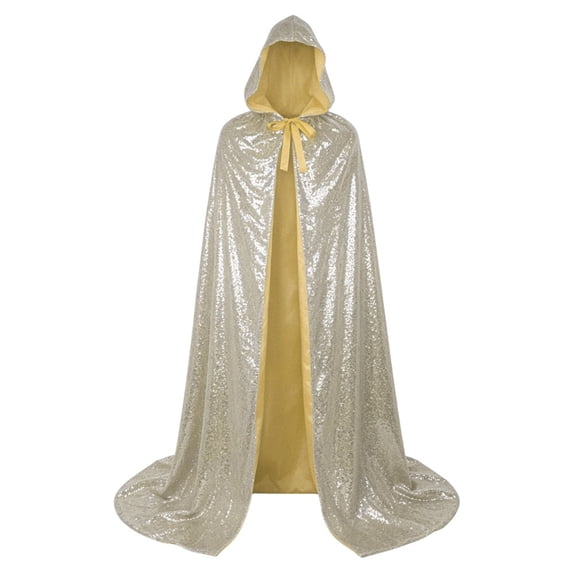 UTSJKR Unisex Adults Sequin Hooded Long Cape Cloak, Tie Closure Lined Robe for Stage Show, Halloween Cosplay, Carnival Party and Performance Costumes Yellow L