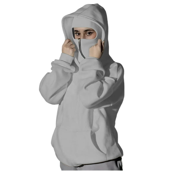 UTSJKR Unisex Balaclava Hoodie with Built-In Eye Mask, Double Hooded Hoodies, Full Zip Hooded Sweatshirt for Cold Weather Gray M