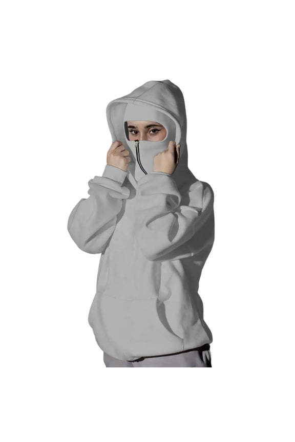 Unisex Balaclava Hoodie with Built-In Eye Mask, Double Hooded Hoodies, Full Zip Hooded Sweatshirt for Cold Weather Gray M