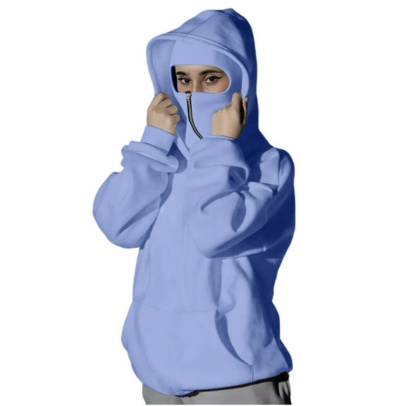 UTSJKR Unisex Balaclava Hoodie with Built-In Eye Mask, Double Hooded Hoodies, Full Zip Hooded Sweatshirt for Cold Weather Sky Blue M