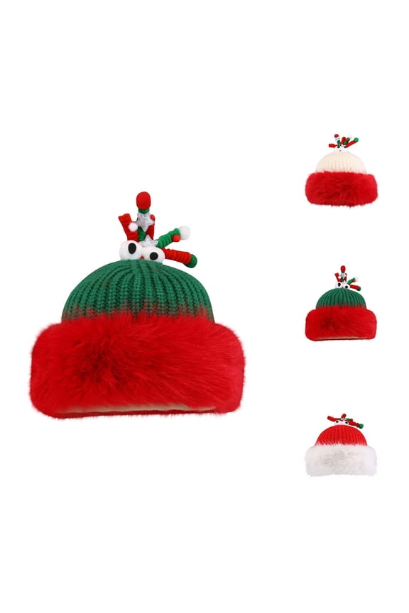 Unisex Cartoon Antler Ornament Knit Hat with Thick Plush Cuff for Winter Kids Play Group Classroom Party Backyard Holiday Gathering Warm Fun Costume Headpiece Red
