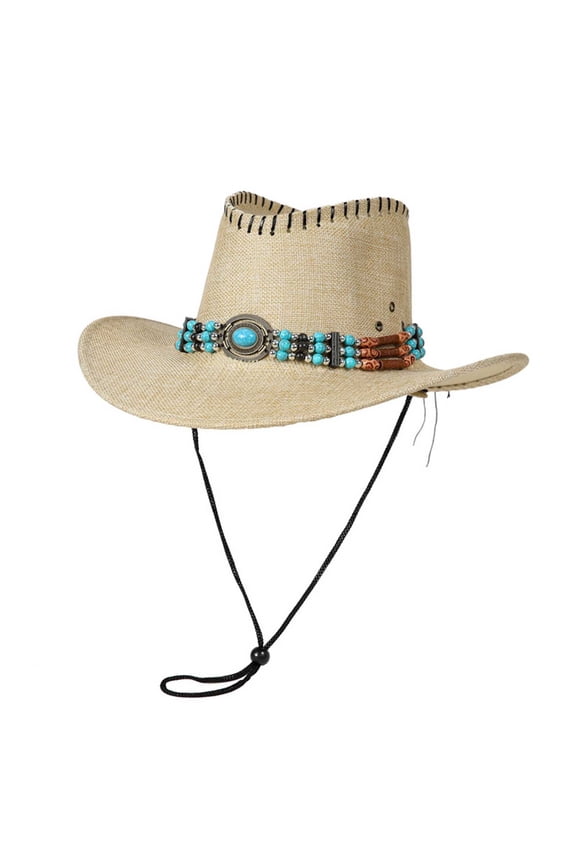 Unisex Classic Western Cowboy Sun Hat, Breathable Wide Brim Boho Style Adjustable Outdoor Headwear Beige