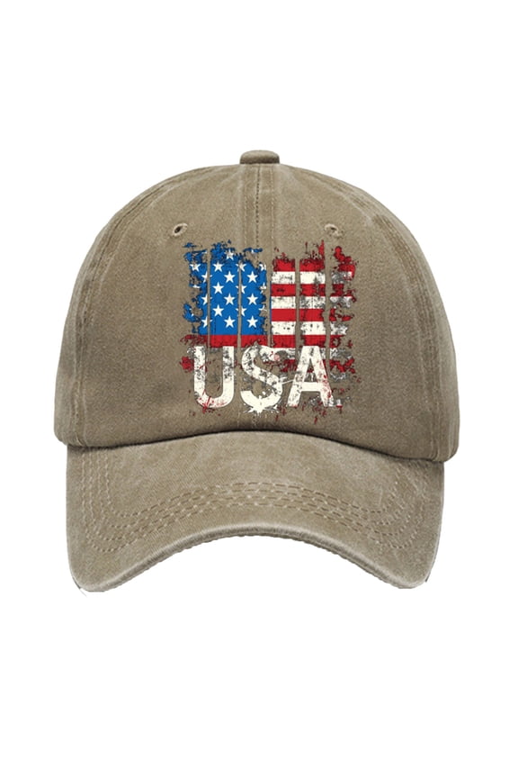 Unisex Distressed Washed USA Flag Baseball Cap, Retro Grunge Patriotic Adjustable Daily Holiday Sun Hat Khaki