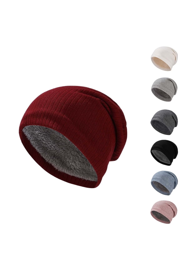 Unisex Fashion Warm Dandy Winter Hat Heat Plush Fur Lined Soft Beanie Thick Hats Outdoor Knitted Hat Wine