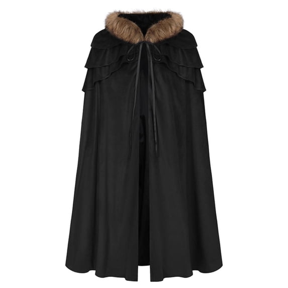 UTSJKR Unisex Full‑Length Medieval Cloak with Faux Fur Trim Hood and Tiered Shoulder Panels for Renaissance Fantasy Larp Halloween Cosplay Outfit Black