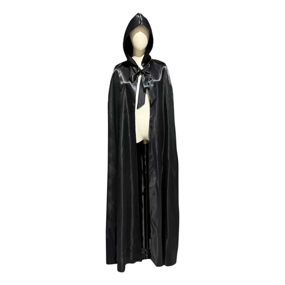 UTSJKR Unisex Full‑Length Satin Hooded Cape Cloak with Front Bow Tie for Halloween Witch Vampire Cosplay Carnival Fancy Dress Party Costume Accessory Black L