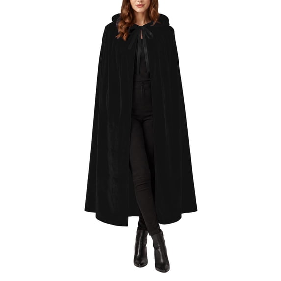 UTSJKR Unisex Full‑Length Velvet Hooded Cape, Bow‑Knot Tie Neck Long Cloak, Soft Robe for Cosplay, Halloween, Christmas and Party Costume Black S