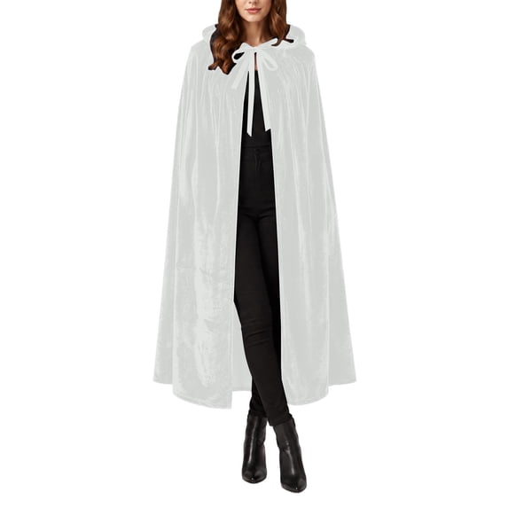 UTSJKR Unisex Full‑Length Velvet Hooded Cape, Bow‑Knot Tie Neck Long Cloak, Soft Robe for Cosplay, Halloween, Christmas and Party Costume White S