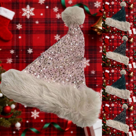 UTSJKR Unisex Light Tone Sequin Santa Hat with Thick Fluffy Cuff Pom Pom Top for Winter Family Portrait Session Church Social Holiday -up Market Costume Hat Green