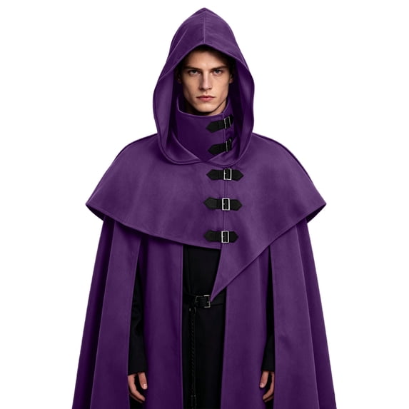 UTSJKR Unisex Medieval Hooded Long Cape, Multi‑Buckle Fastening Cloak, Vintage Robe for Larp, Renaissance Cosplay and Halloween Costume Events Purple