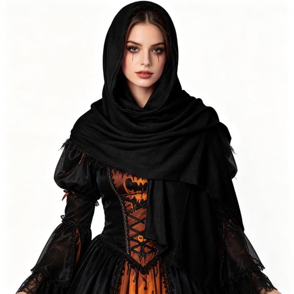 UTSJKR Unisex Medieval Hooded Scarf Shawl, Raw‑Edge Wrapped Headscarf Cloak, Vintage Accessory for Renaissance Cosplay and Halloween Role‑Play Black