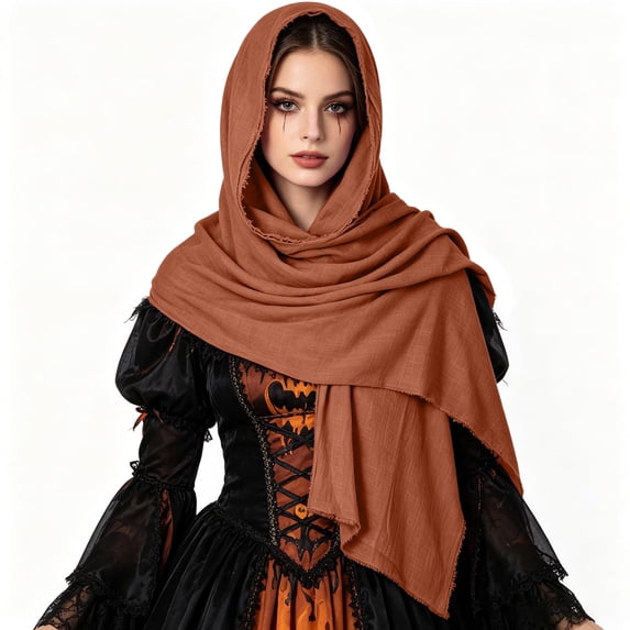 UTSJKR Unisex Medieval Hooded Scarf Shawl, Raw‑Edge Wrapped Headscarf Cloak, Vintage Accessory for Renaissance Cosplay and Halloween Role‑Play Brown